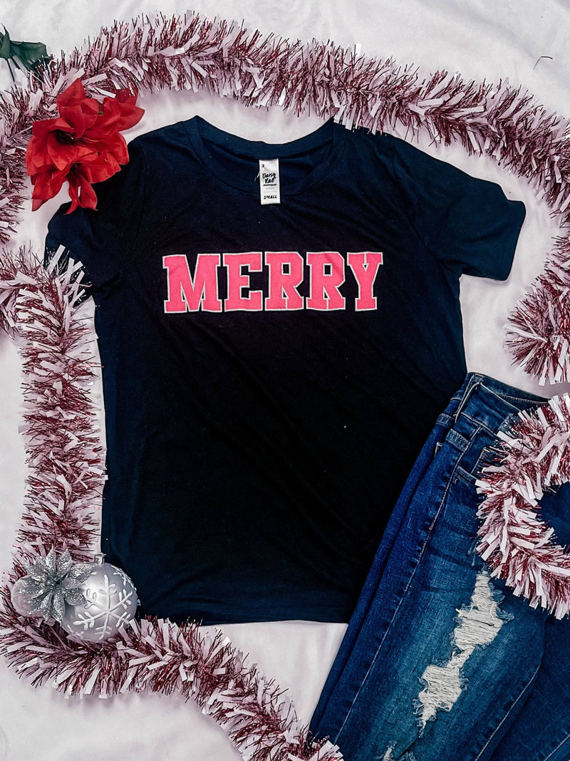 Christmas MERRY Black Crewneck Tee for Curvy & Plus Size