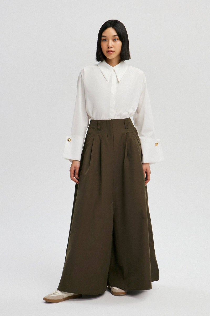 Olive Cotton Blend Wide-Leg Maxi Skirt