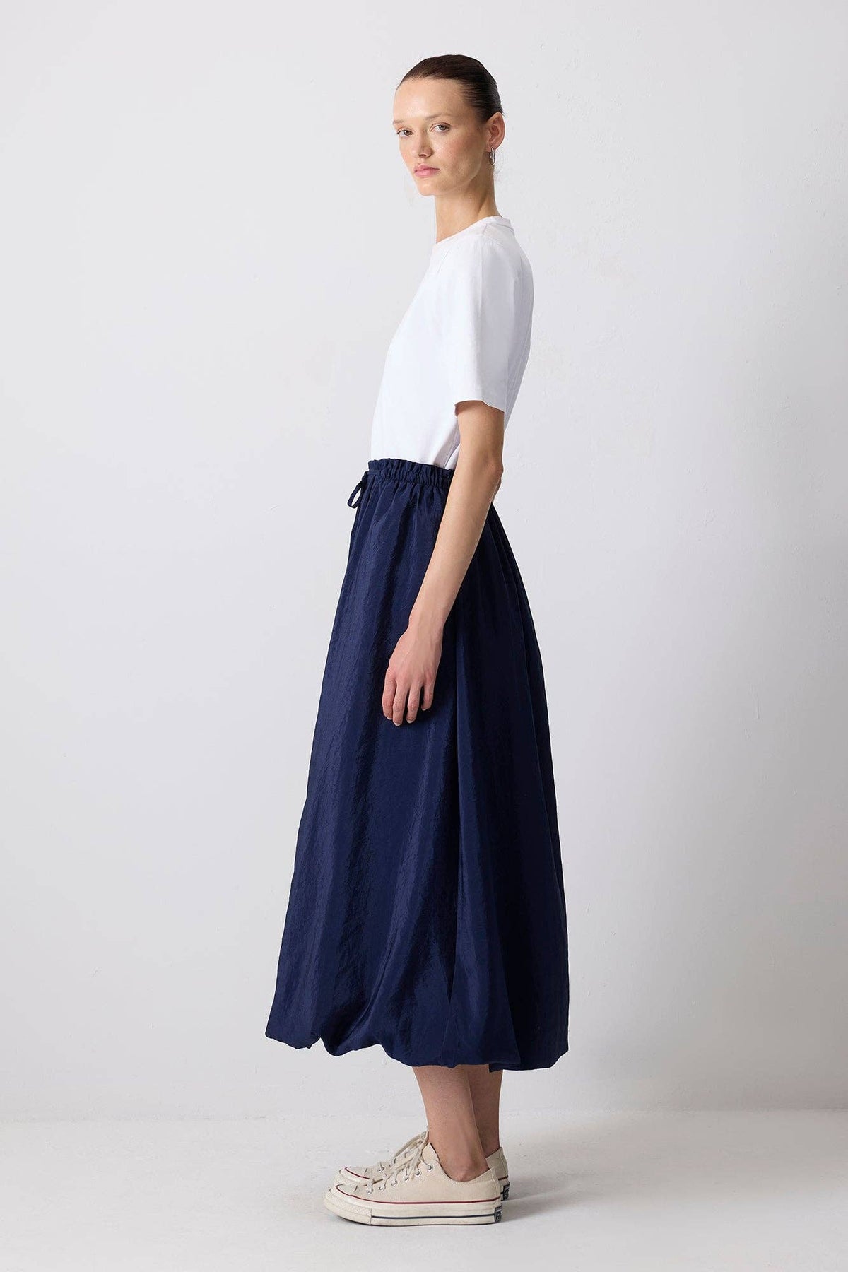 DRAWSTRING ELASTIC BALLOON HEM MAXI SKIRT