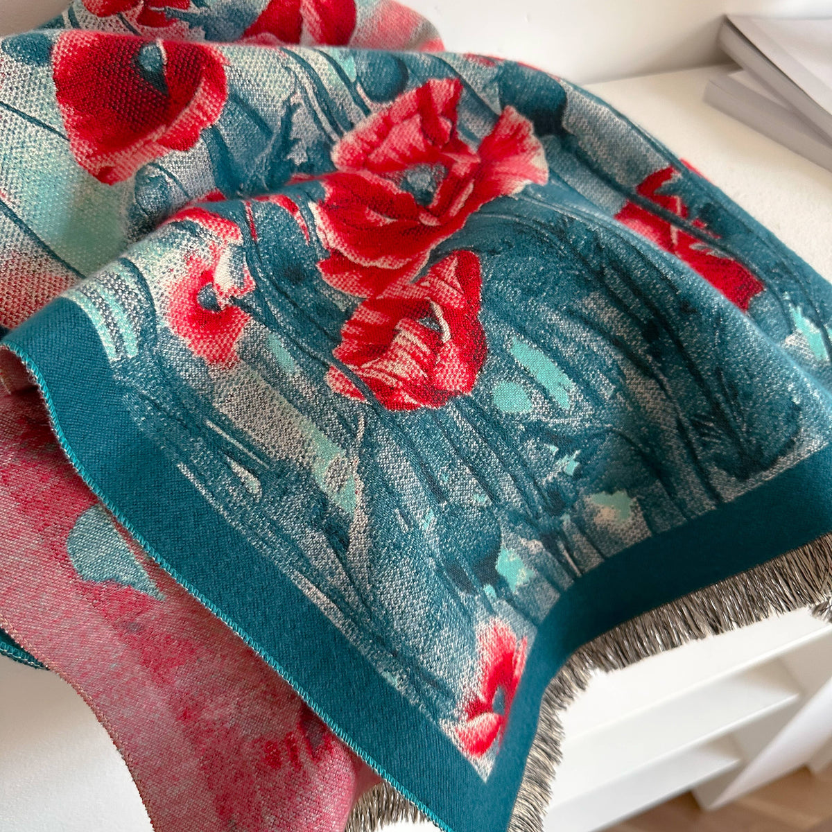 Stunning Turquoise & Red Poppy Reversible Wrap
