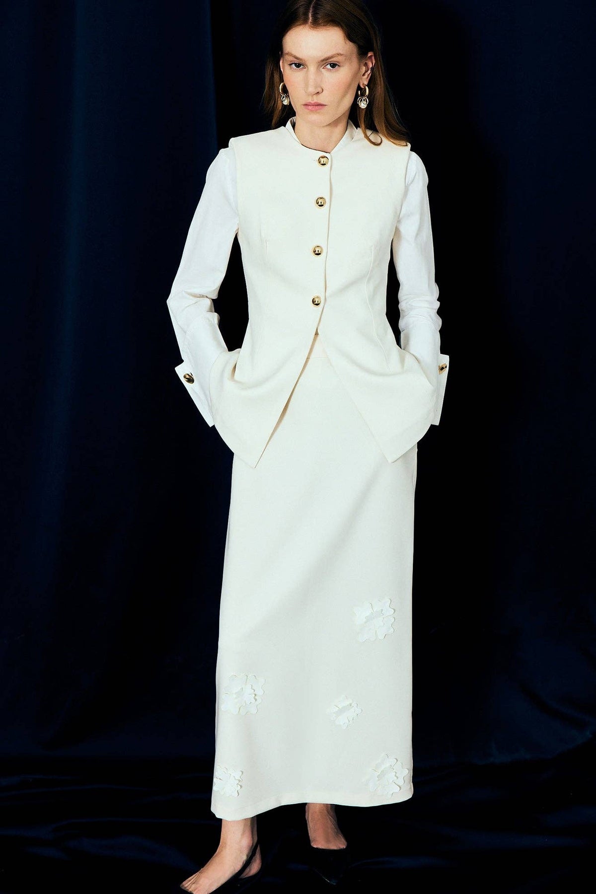 Tailored White Vest with Gold Button Detail