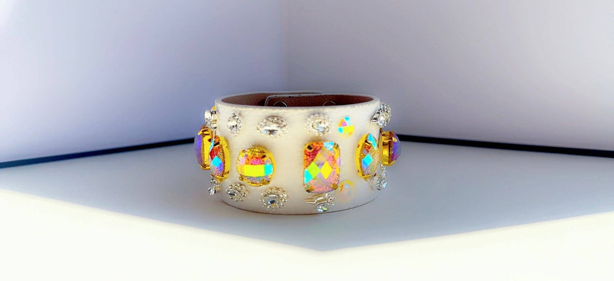Gold Gem White Leather Cuff