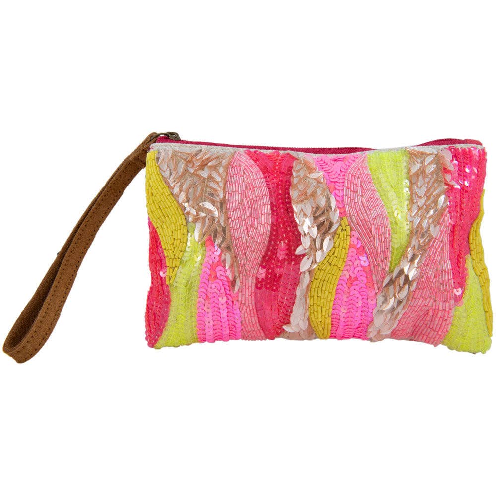 Beaded Pink/Yellow/Champagne Wristlet