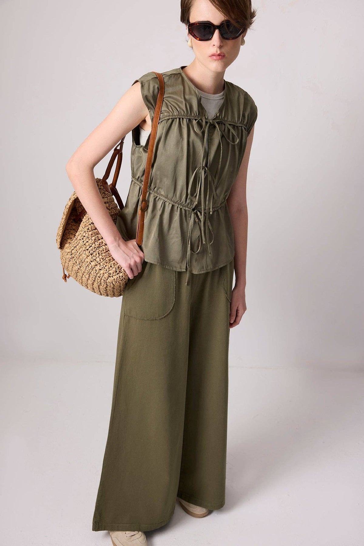 Drawstring Tie-Waist Utility Vest - Cotton Blend