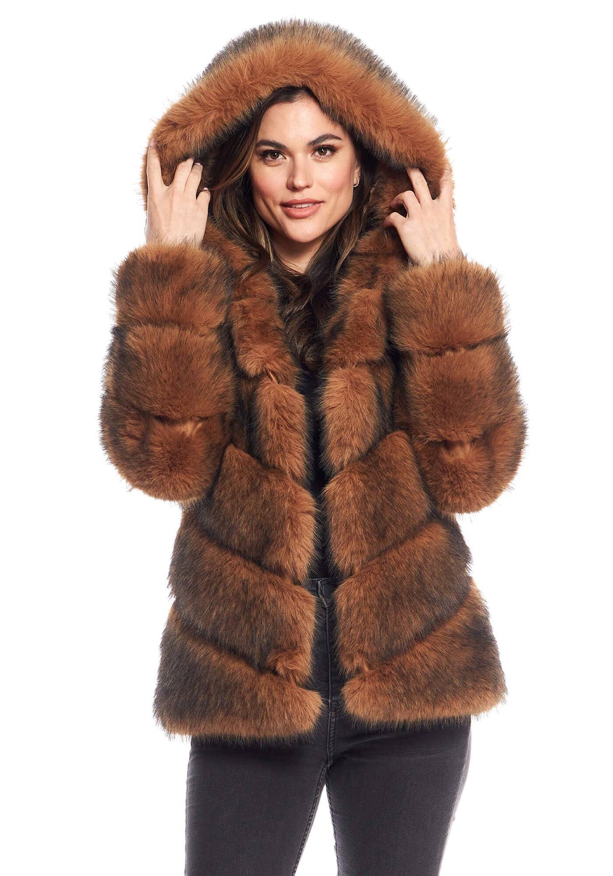 Chateau Chevron Hooded Faux Fur Coat