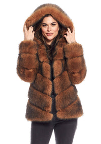 Chateau Chevron Hooded Faux Fur Coat