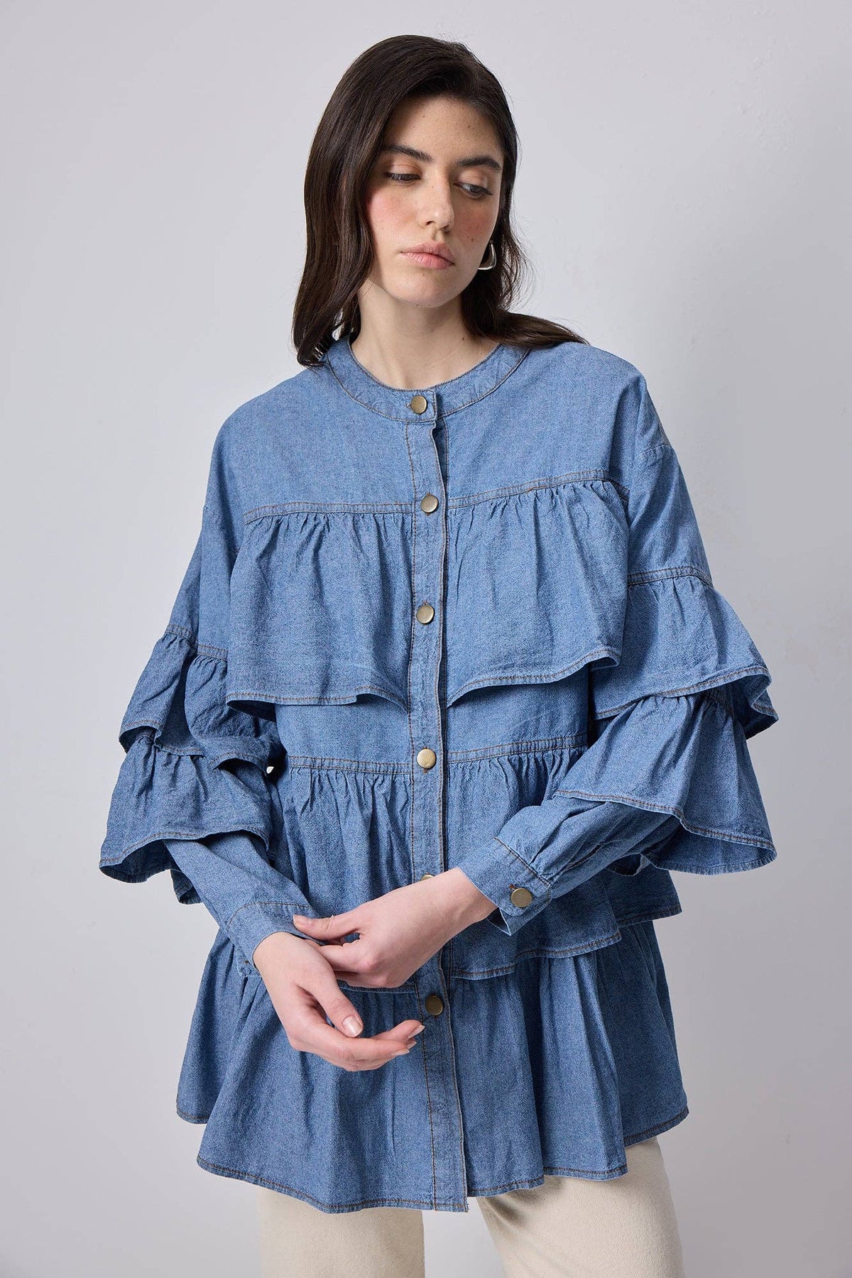 TIERED RUFFLE DENIM SHIRT