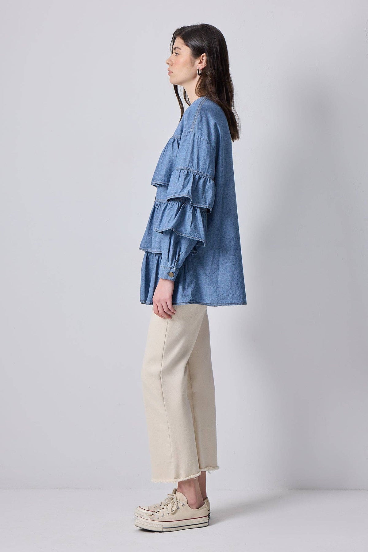 TIERED RUFFLE DENIM SHIRT