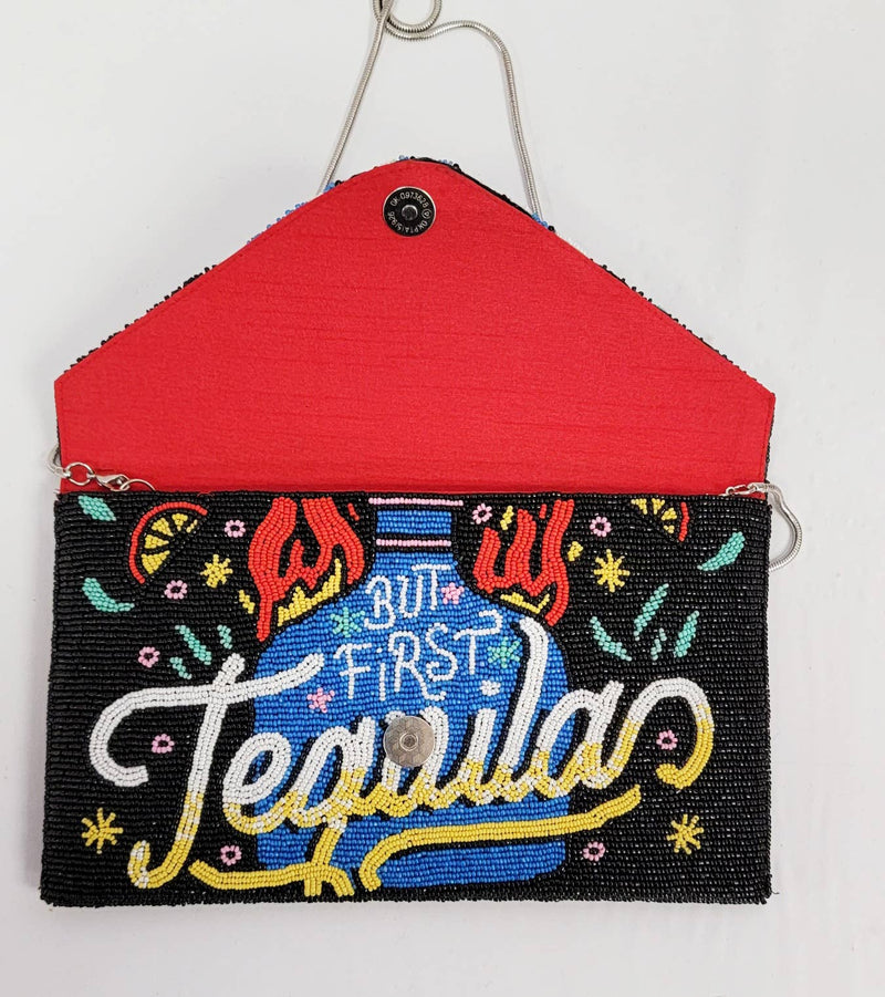 Beaded 'But First Tequila!' Clutch